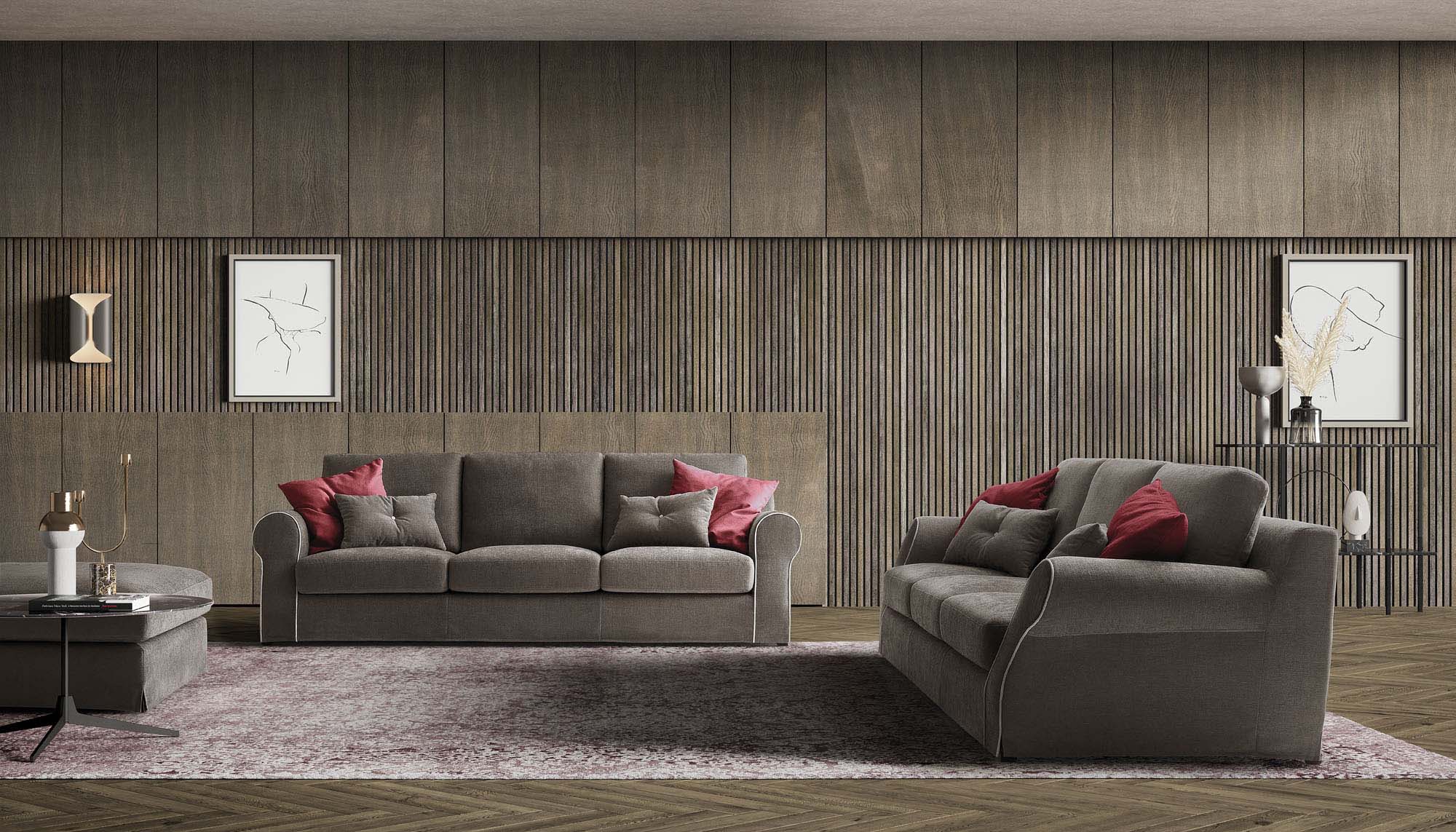 Soggiorno classico arredato con divano da forma e stile classico color grigio scuro