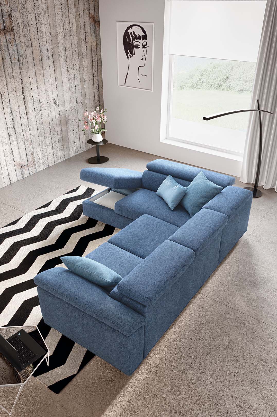 Divano con chaise longue che diventa un comodo contenitore