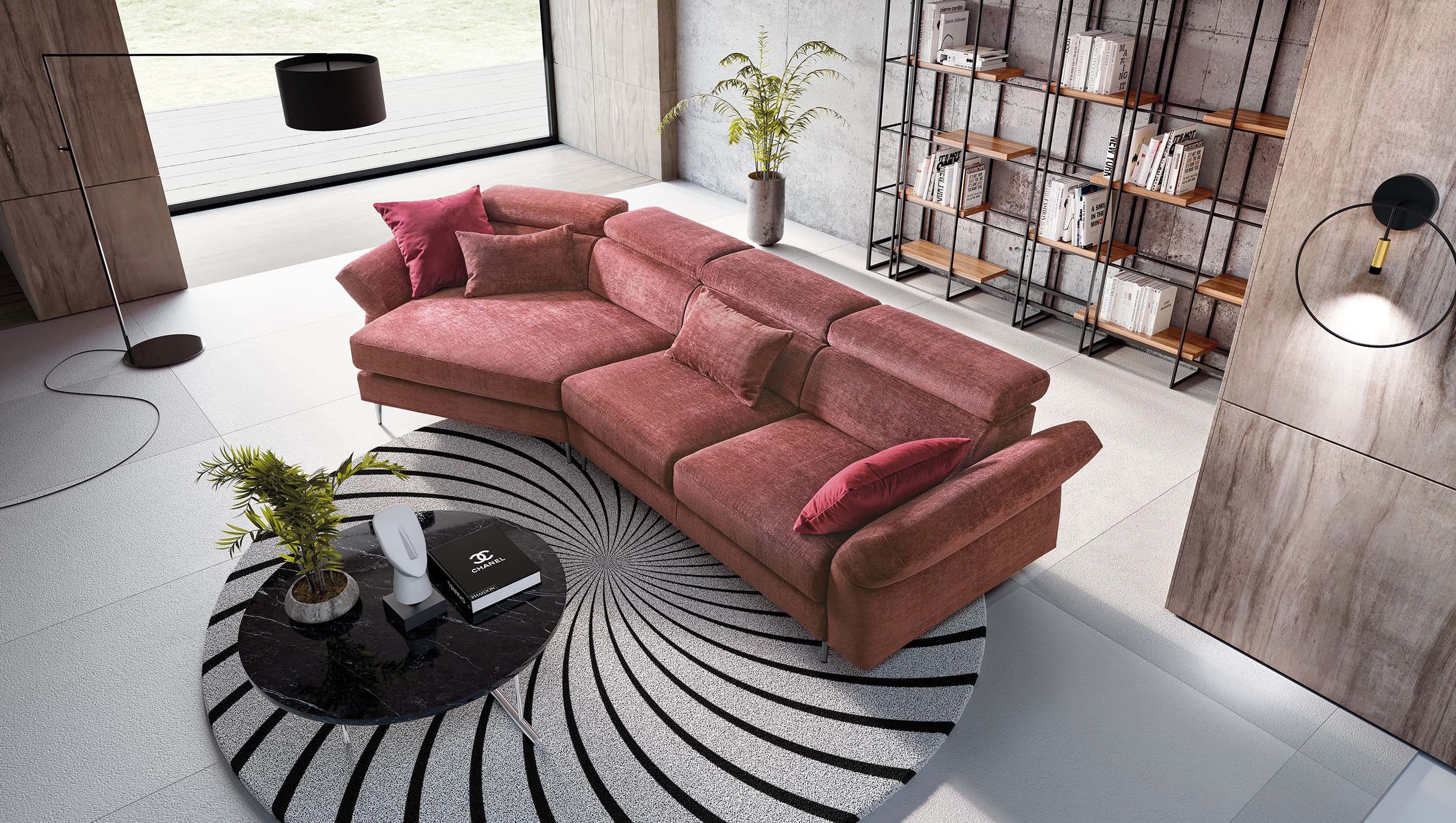 Burgundy red modular sofa with adjustable headrests. Contemporary and simple style