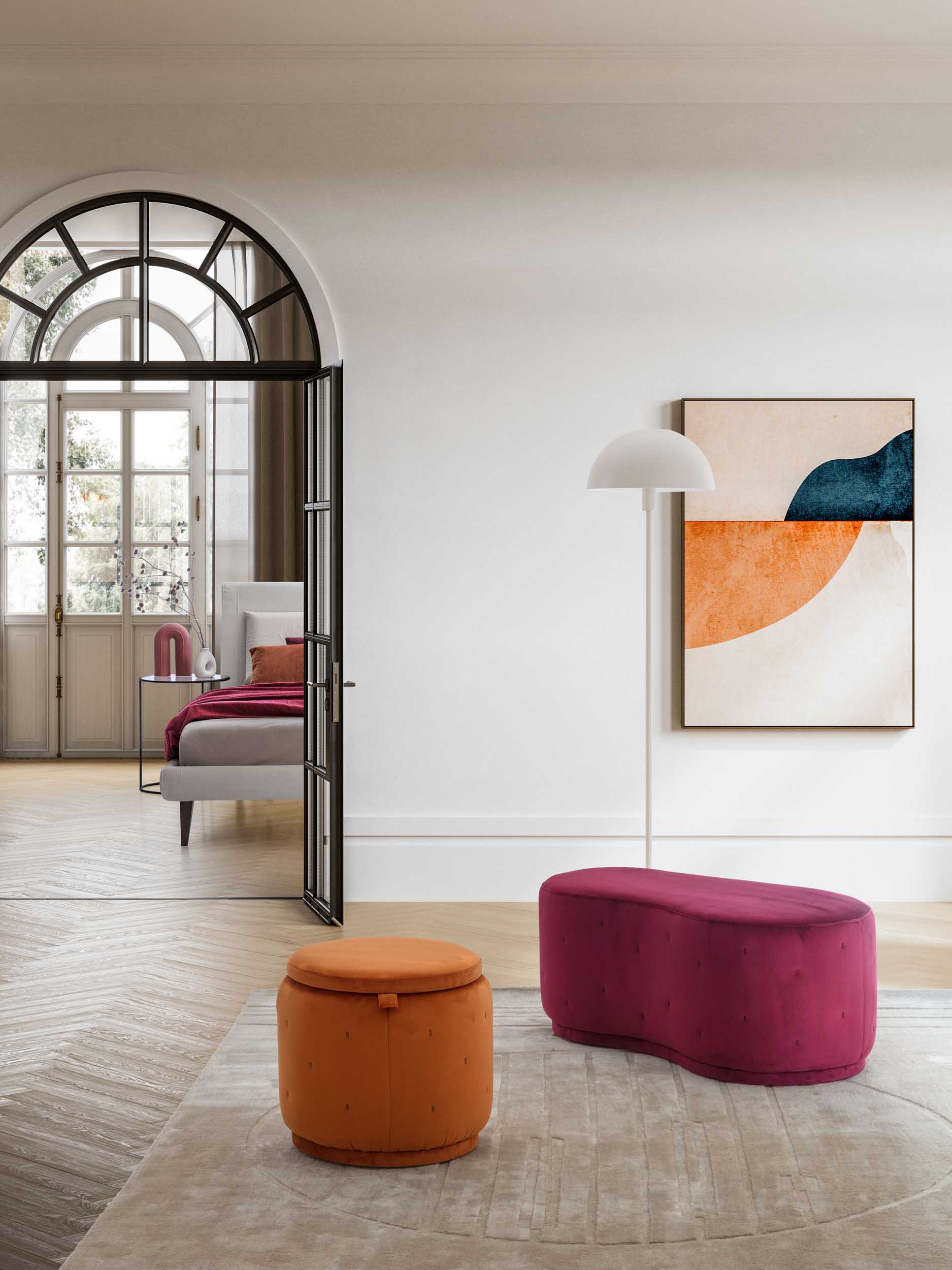 Pouf arancione con contenitore in ambiente moderno
